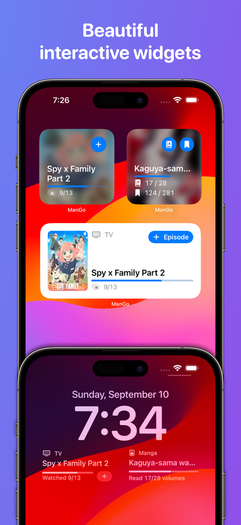 ManGo - Anime & Manga Tracker - Widgets interactivos del rastreador de anime y manga ManGo en las pantallas de inicio y bloqueo de iOS