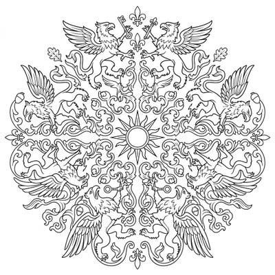 Dive into the mythical world with this stunning heraldic griffin mandala. Featuring symmetrical designs and intricate details, it offers a regal and meditative coloring experience.