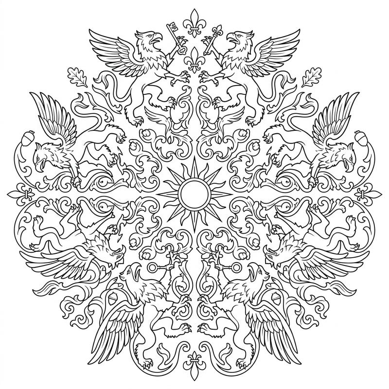 Dive into the mythical world with this stunning heraldic griffin mandala. Featuring symmetrical designs and intricate details, it offers a regal and meditative coloring experience.