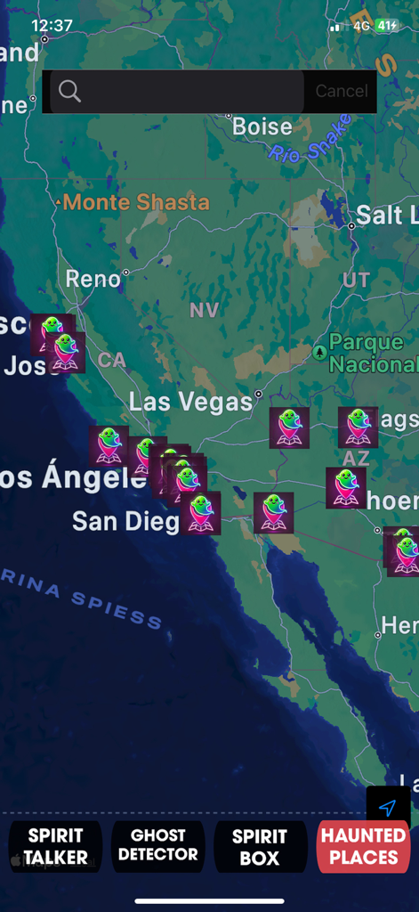 Spirit Whisper - Ghost Talker - A map of the United States within the Spirit Whisper app showing numerous haunted locations marked with ghost icons in the West Coast region.