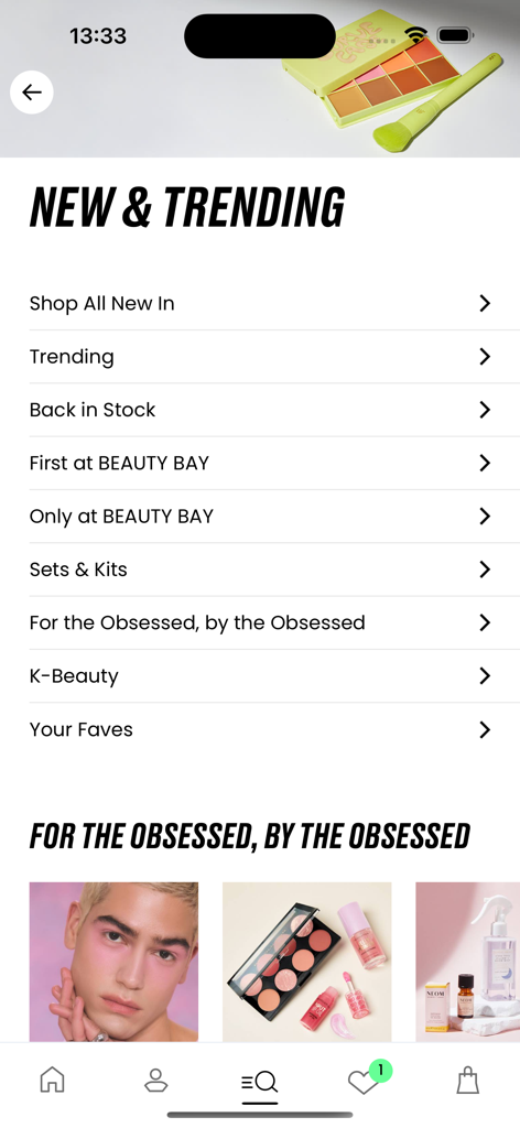 Beauty Bay mobile app screen displaying new and trending shopping categories and a featured collection for beauty enthusiasts.