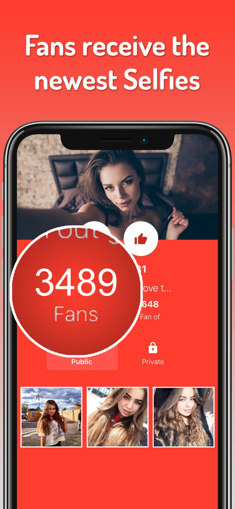 SelfieStar: Chat, Flirt & Date - SelfieStar app interface displaying a user profile with thousands of fans and a gallery of selfies