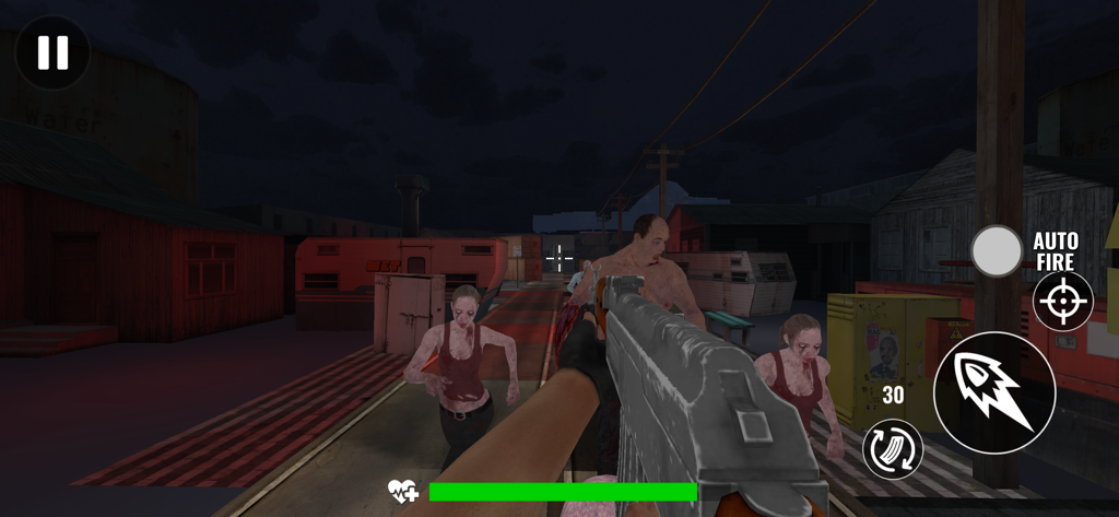 Survive: Zombie Shooting Games - First person shooter gameplay showing a player aiming at approaching zombies in a dark night environment