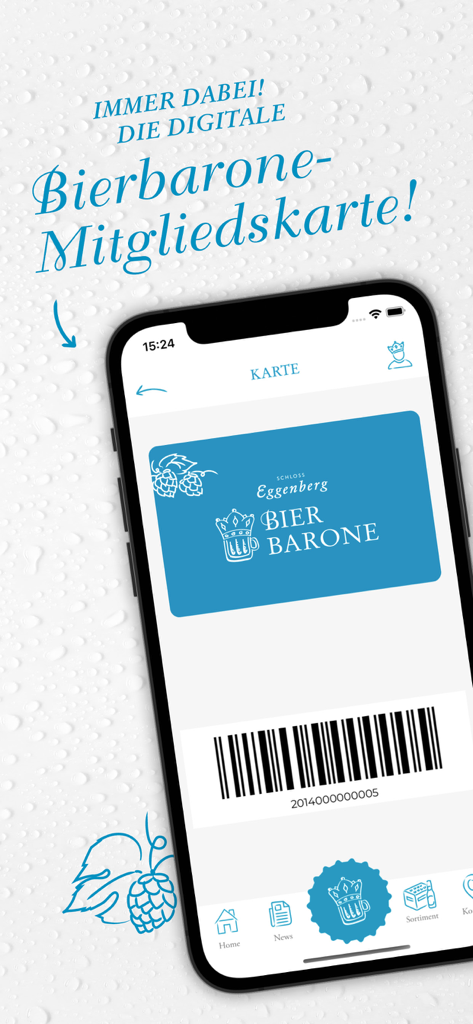 Smartphone exibindo o cartão de membro digital Bierbarone com um código de barras.