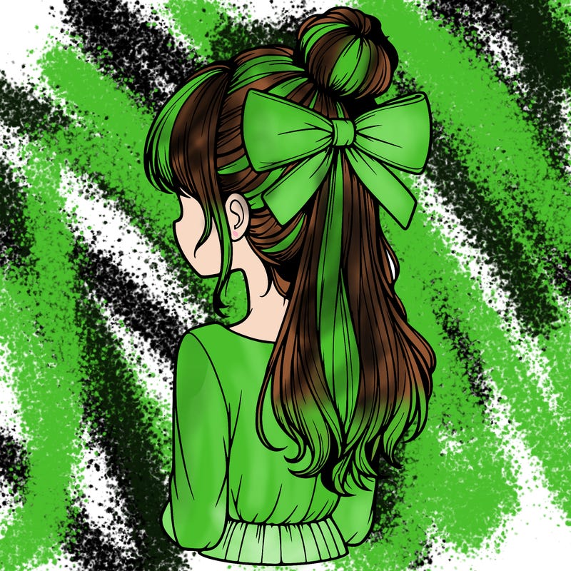realistic girl  with hip length hair a bun and a big bow on the back of head
