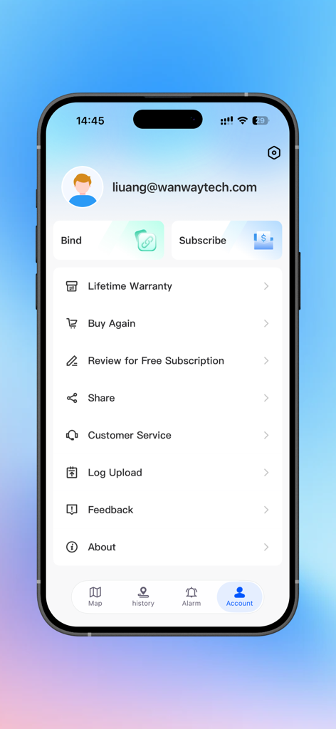 TrackerOne - Tela de conta do aplicativo TrackerOne mostrando a vinculação do perfil do usuário e opções de assinatura, juntamente com links de atendimento ao cliente e feedback