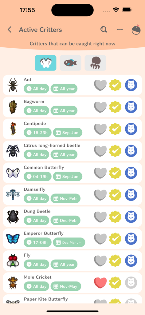 Planner for AC: NH - Active critters list in the Planner for AC NH app showing bugs available to catch