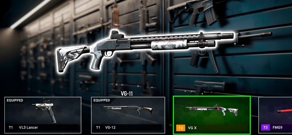 Un écran de sélection d'armes dans un jeu de tir de zombies présentant divers fusils à pompe et pistolets.