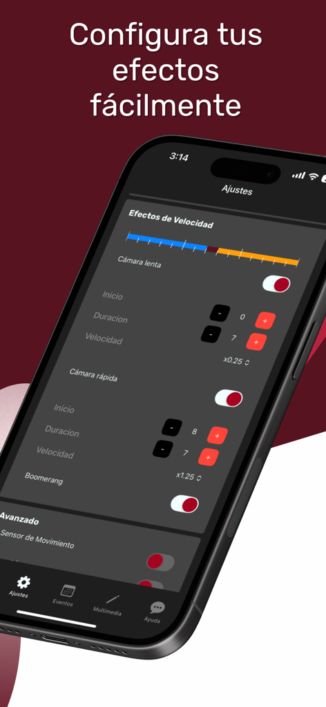 Rec 360 app interface showing settings for slow motion fast motion and boomerang effects