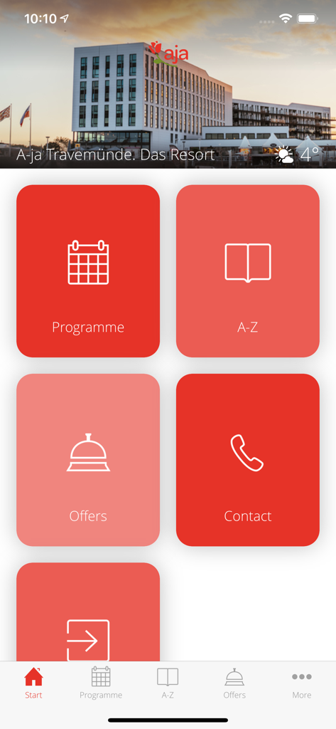 aja Resorts - Painel principal do aplicativo móvel aja Resorts apresentando blocos de navegação para programação e ofertas