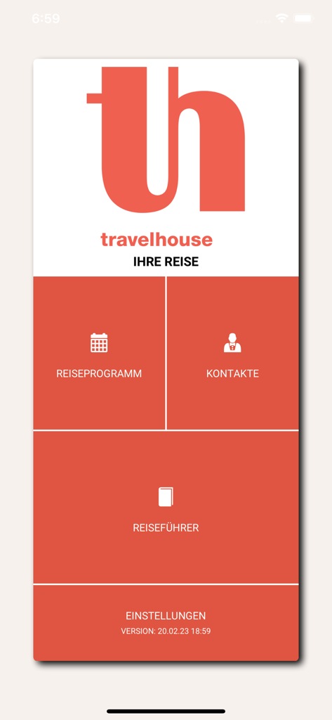 Dashboard der Travelhouse-App mit Menüoptionen für Reiseroute, Kontakte und Reiseführer.