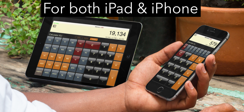 Calculator XLt - Calculator XLt app displayed on both an iPad and an iPhone showing large buttons and unit conversion features.