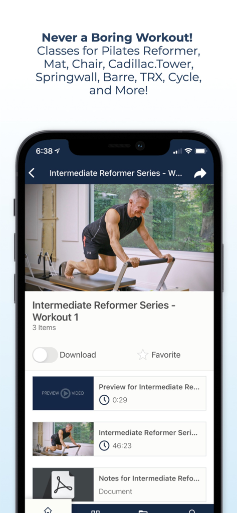 Pilates & Fitness TV - Pilates and Fitness TV app showing an intermediate reformer workout with instructor John Garey