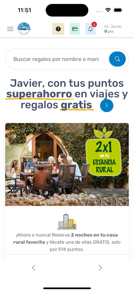 Pantalla de inicio de la App Travel Club mostrando los puntos personalizados del usuario y una oferta promocional para estancias rurales con descuento.