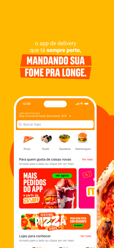 Delivery Much: Pedir Comida - Delivery Much アプリのインターフェース。食品カテゴリと地元のレストランのプロモーションが表示されています。