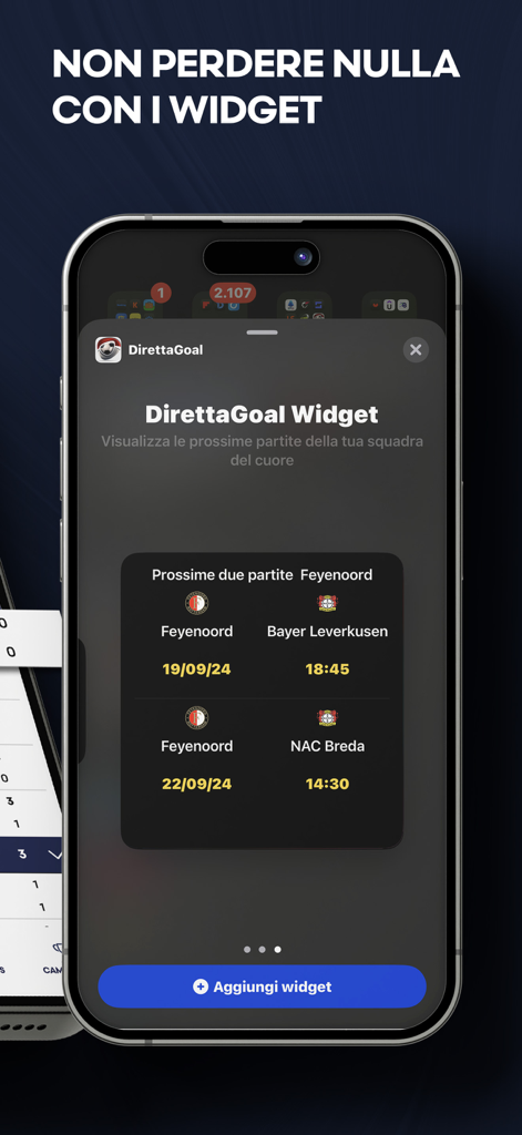 Widget iOS dell'app DirettaGoal che mostra i calendari delle partite di calcio imminenti e i punteggi delle squadre.