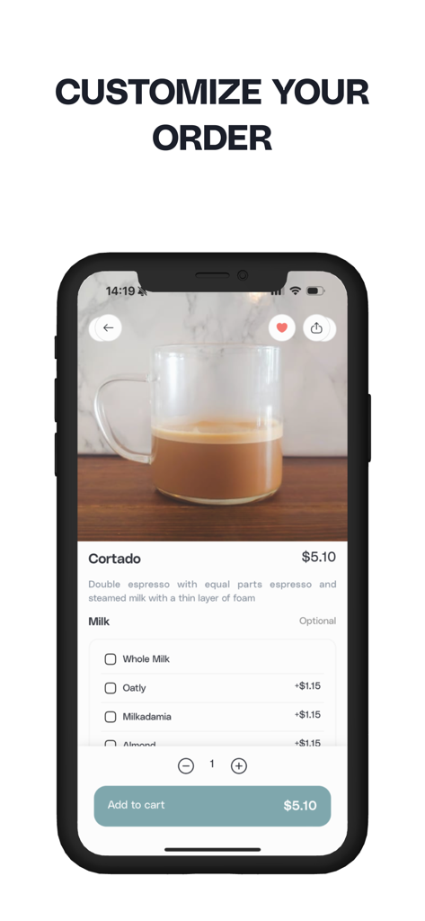 Ethereal Cafe - Mobile app interface for customizing a Cortado coffee order with different milk options in the Ethereal Cafe app.