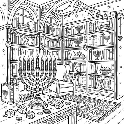 Step into a world where knowledge meets celebration with this unique Hanukkah library coloring page. Discover menorahs, dreidels, and stacks of books, all waiting for your creative touch.