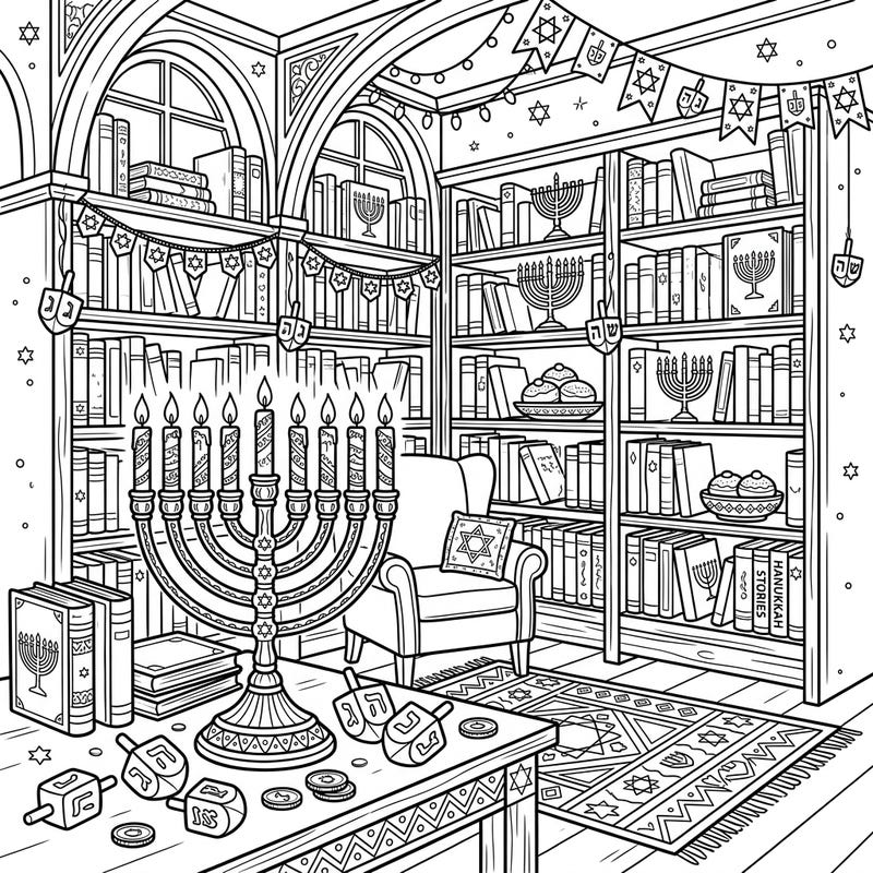Step into a world where knowledge meets celebration with this unique Hanukkah library coloring page. Discover menorahs, dreidels, and stacks of books, all waiting for your creative touch.