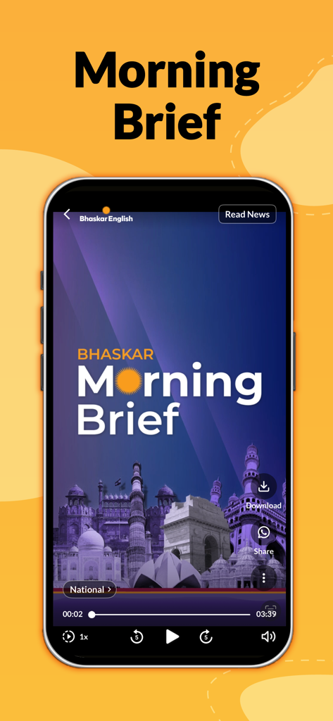 English News by Dainik Bhaskar - Morning Brief video news screen in the Bhaskar English app.