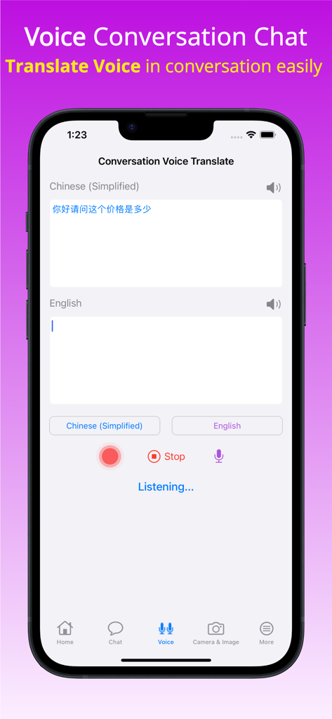 XTranslate AI - iPhone screen showing XTranslate AI's voice conversation feature translating between Chinese and English in real-time.