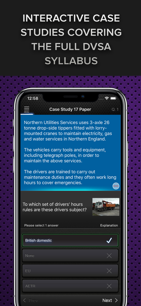 Driver CPC Case Studies Test - A mobile app screenshot showing an interactive Driver CPC case study question with multiple choice options for vocational training