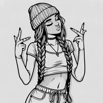realistic teenage girl with braids and a beanie and crop top doing 🫶🏼