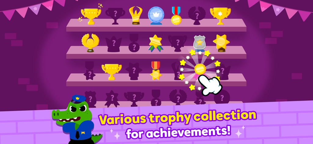 Pinkfong Police Heroes Game - Un estante de trofeos que muestra varios trofeos de oro y medallas ganados en el juego Héroes de Policía Pinkfong