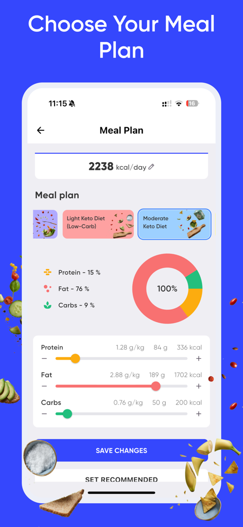 Calorie Counter by Wayout AI - Pantalla de selección de plan de comidas en Calorie Counter de Wayout AI que muestra los objetivos de macronutrientes para una dieta keto
