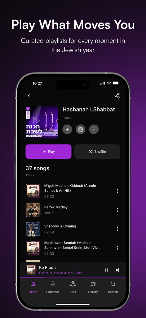 Mobile screen of the Zing Jewish Music Streaming App showing a curated Hachanah LShabbat playlist.