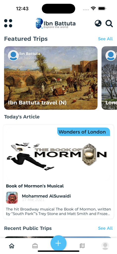 The home screen of the Ibn Battuta travel app showing featured trips and a cultural article about London.