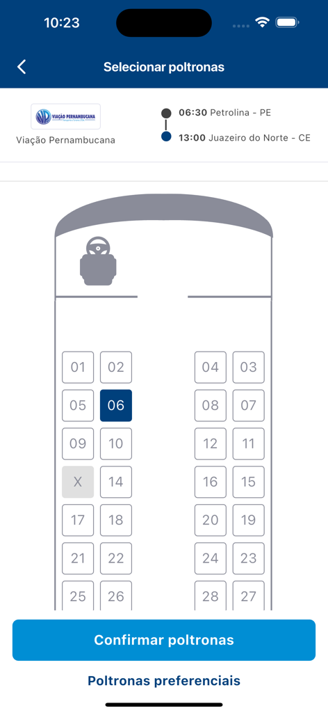 Viação Pernambucana - Mobile app interface for selecting bus seats on a Viação Pernambucana route between Petrolina and Juazeiro do Norte