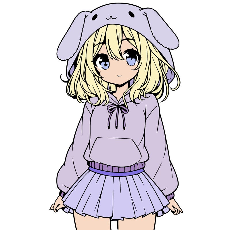 pretty anime girl wearing a fluffy hoodie with bunny ears on the hood and a skirt