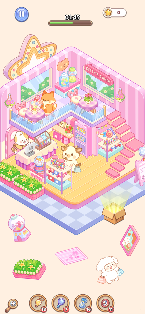 A cute pastel candy shop scene with animal characters and furniture in the Room Decor Lovely Home app.