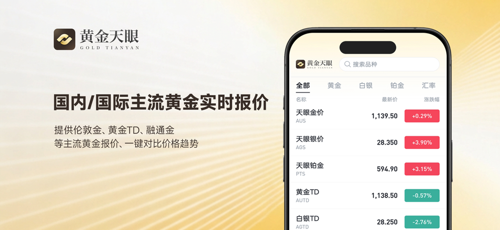 黄金天眼应用程序界面，显示实时黄金和白银价格报价