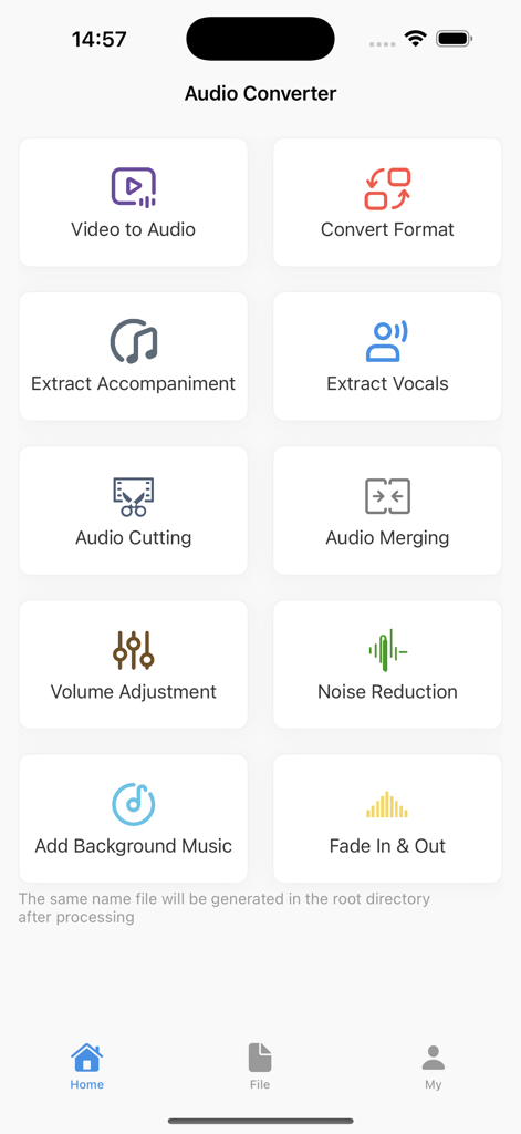 Audio Converter: Audio Editing - Menú principal de la aplicación Audio Converter con iconos para varias herramientas de edición como video a audio y reducción de ruido