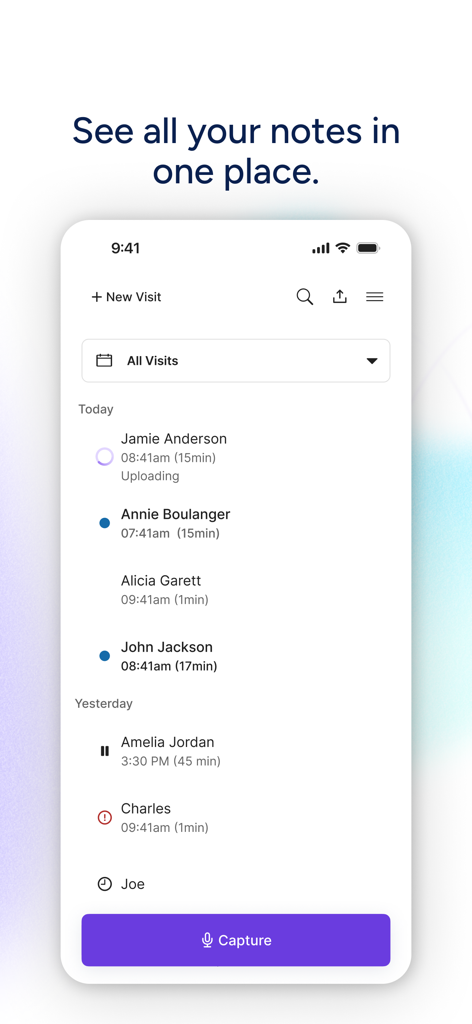 Dashboard of the Freed AI Clinician Assistant app showing an organized list of patient visit notes and a capture button