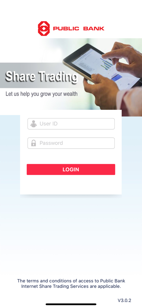 Public Bank PB Sharelink mobile app login screen featuring user ID and password input fields for stock trading