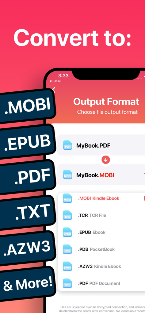 Captura de pantalla de la aplicación El Convertidor de Ebooks mostrando una lista de formatos de salida compatibles, incluyendo MOBI, EPUB y PDF