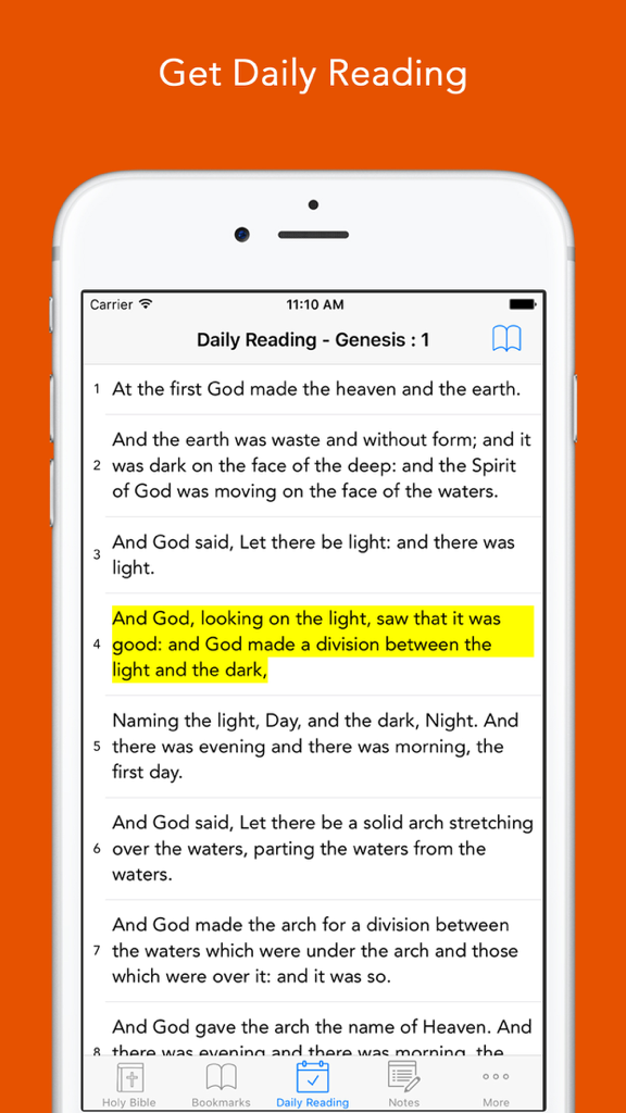Daily Bible app reading interface showing Genesis 1 with a highlighted verse.