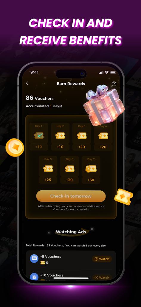 MiniShorts - Mobile App-Oberfläche für MiniShorts, die tägliche Check-in-Belohnungen und ein Gutscheinsystem zeigt