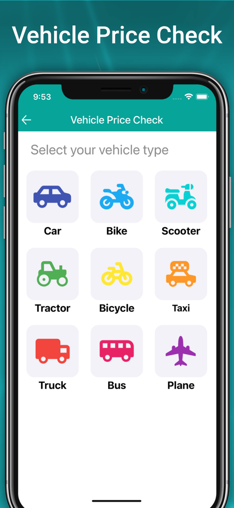 Vehicle Info - Vahan Master - Interface showing vehicle type selection options including car bike and taxi for price verification