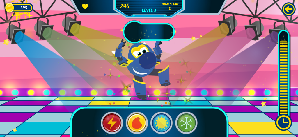 Jerome, el avión azul, bailando en un colorido escenario de discoteca en una misión de ritmo