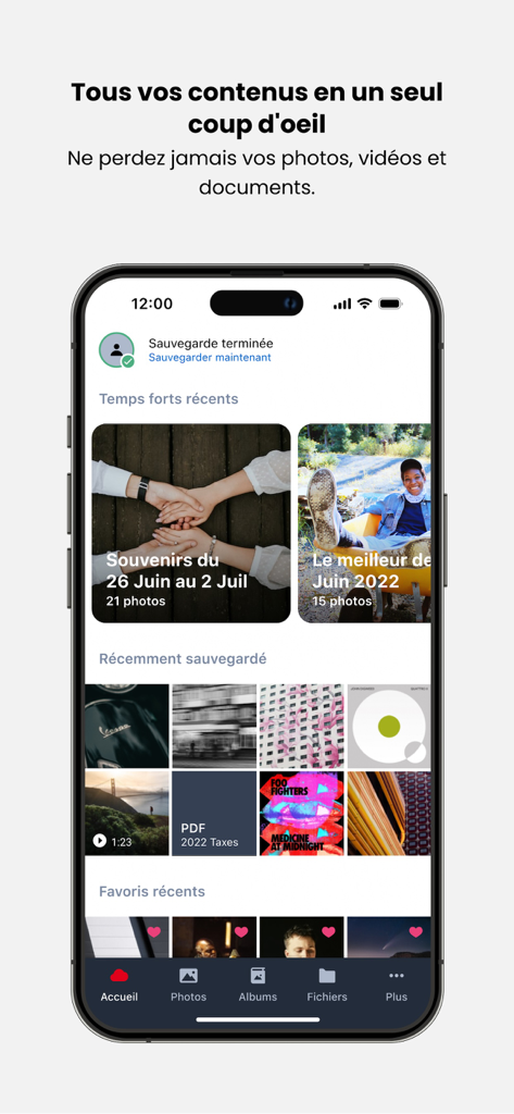 SFR Cloud - Interface de l'application SFR Cloud sur un iPhone montrant les médias et documents sauvegardés