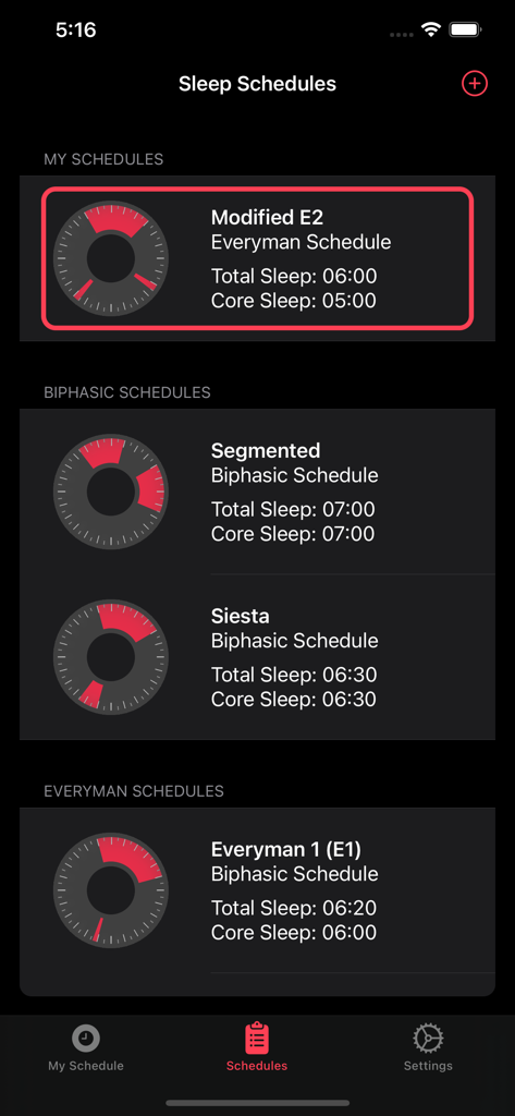 Polyphasic Sleep Tracker - Interfaz de la aplicación Polyphasic Sleep Tracker mostrando una lista de horarios de sueño como Everyman y Bifásico con gráficos visuales de ciclos de sueño