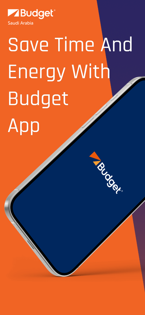 Budget Saudi Car Rental - Budget Saudi Arabia car rental app marketing screen showing a smartphone and text about saving time