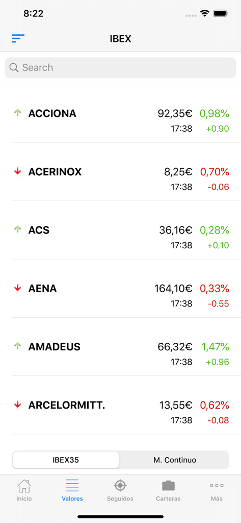Mobile app screen displaying a list of IBEX 35 stock market values and price changes.