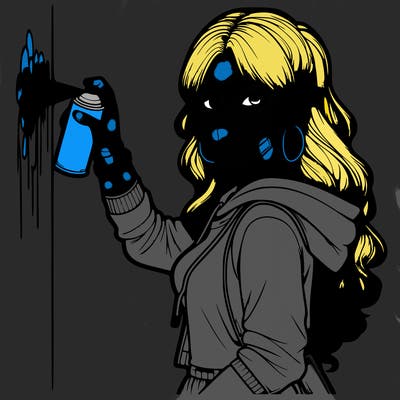 realistic girl with mask spray painting a wall