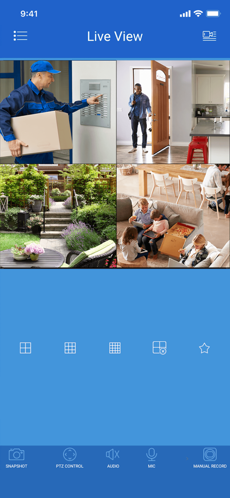 Lorex Cloud mobile app showing a four-camera live view grid for home security monitoring