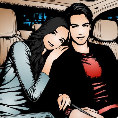 a young couple sits together in a car. the woman has long, straight, blonde hair and is wearing a beige, slightly textured top. she smiles gently and hugs the man from the side. the man has short, dark hair, a well-groomed beard and is wearing a dark outfit. both are looking directly into the camera with happy, relaxed expressions. in the background you can see car seats, a parked car and an illuminated building at night.